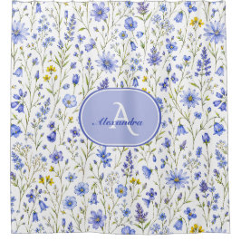 Blaue Aquarell-Wildblumenmuster mit individuellem  Duschvorhang