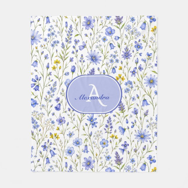 Blaue Aquarell-Wildblumenmuster mit individuellem  Fleecedecke (Vorderseite)