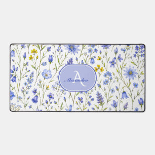 Blaue Aquarell-Wildblumenmuster mit individuellem Schreibtischunterlage