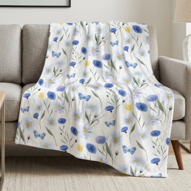 Blaue Aquarell-Wildblumenwiese-Muster Fleecedecke (Von Creator hochgeladen)