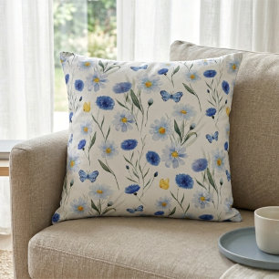 Blaue Aquarell-Wildblumenwiese-Muster Kissen