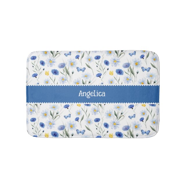 Blaue Aquarell-Wildblumenwiese Name Badematte (Vorderseite)
