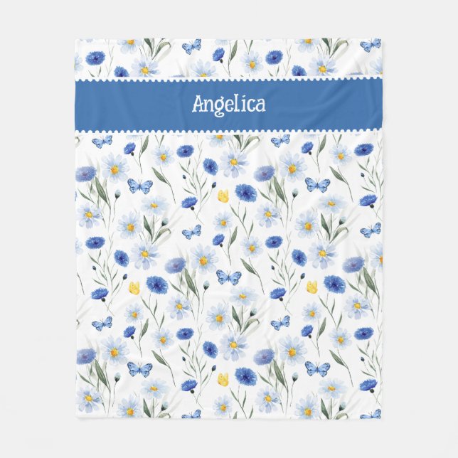 Blaue Aquarell-Wildblumenwiese Name Fleecedecke (Vorderseite)