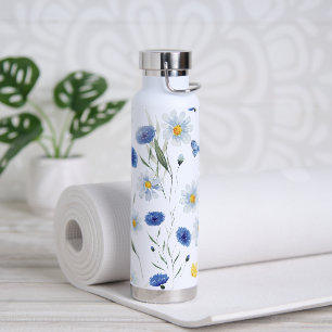 Blaue Aquarell-Wildblumenwiese-Schmetterling Trinkflasche