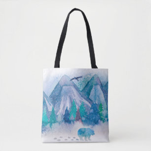 Blaue Aquarell-Winter-Berglandschaftskunst