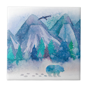Blaue Aquarell-Winter-Berglandschaftskunst Fliese