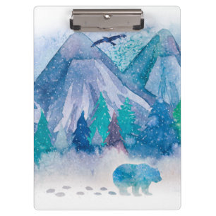 Blaue Aquarell-Winter-Berglandschaftskunst Klemmbrett