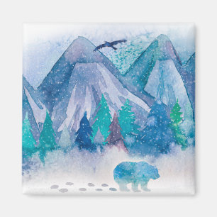 Blaue Aquarell-Winterberg-Landschaftskunst Magnet