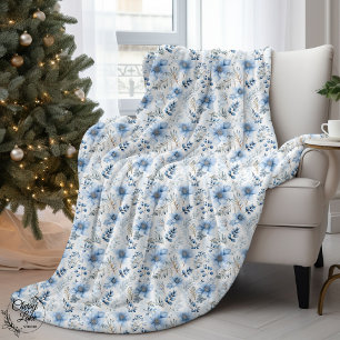 Blaue Aquarell-Winterblumen Sherpadecke