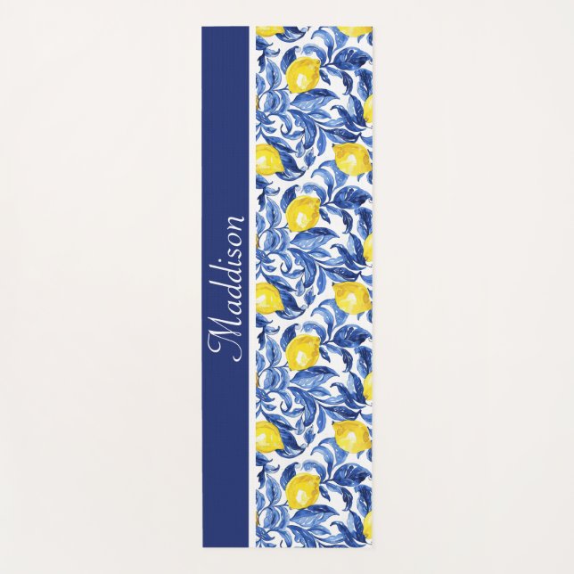 Blaue Aquarell-Zitronen-Muster-Monogramm-Name Yogamatte (Vorderseite)