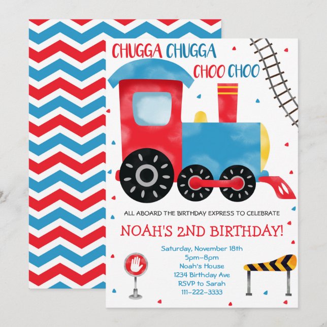 Blaue Aquarellbahn Einladung zum Geburtstag (Vorne/Hinten)