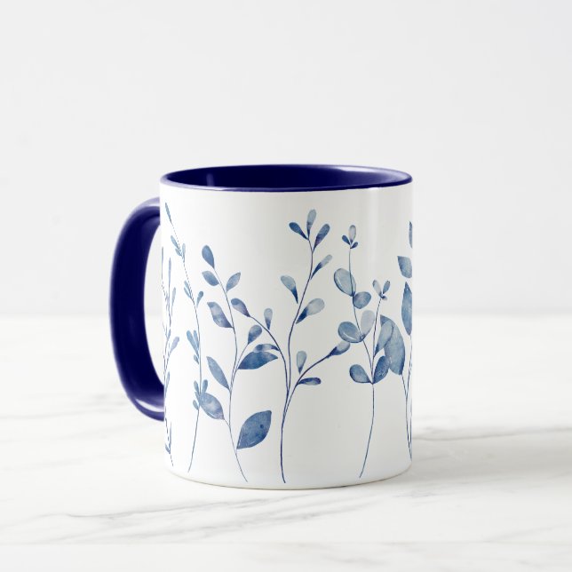 Blaue Aquarellblätter Tasse (Vorderseite Links)