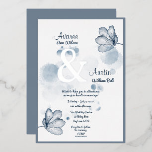 Blaue Aquarellblume und Silber-Et-Zeichen Folieneinladung