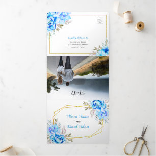 Blaue Aquarellblumen mit RSVP Hochzeit Dreifach Gefaltete Einladung