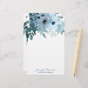 Blaue Aquarellblumen personalisiert Briefpapier