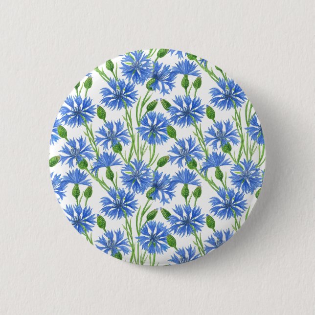 Blaue Aquarellblumen, weiße Blume Button (Vorderseite)