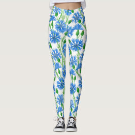 Blaue Aquarellblumen, weiße Blume Leggings