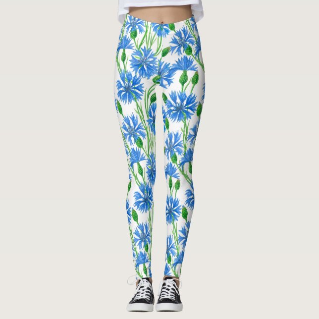 Blaue Aquarellblumen, weiße Blume Leggings (Vorderseite)