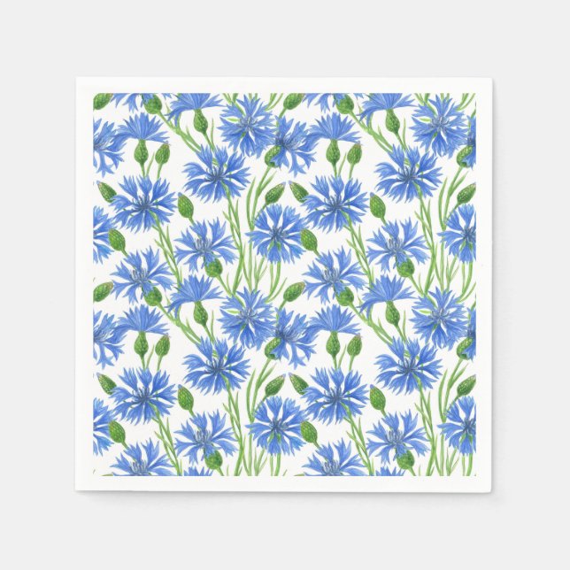 Blaue Aquarellblumen, weiße Blume Serviette (Vorderseite)