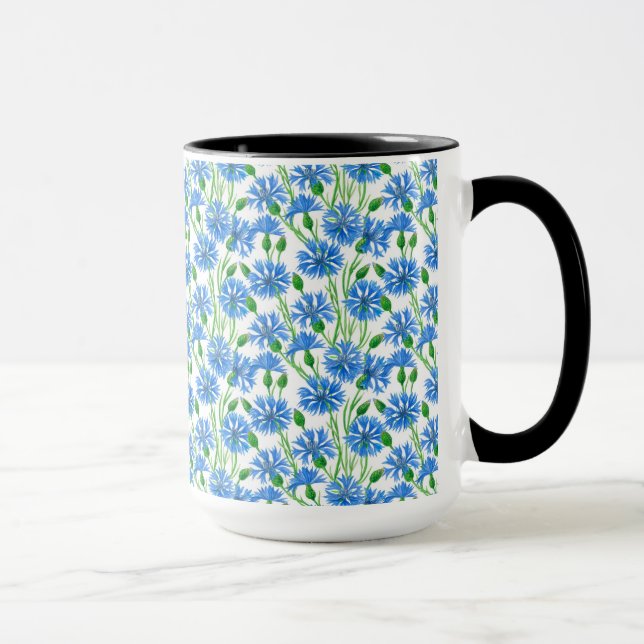 Blaue Aquarellblumen, weiße Blume Tasse (Rechts)