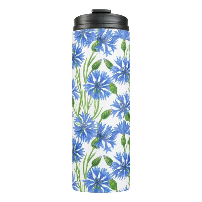 Blaue Aquarellblumen, weiße Blume Thermosbecher (Vorderseite)