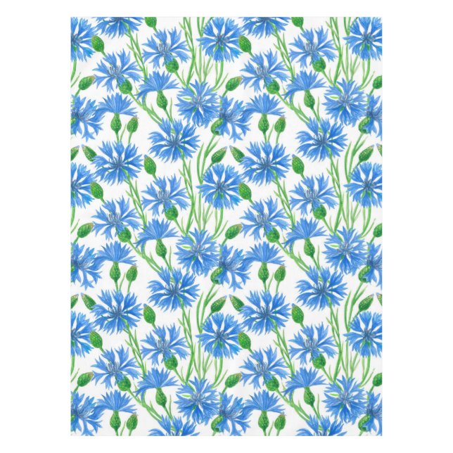 Blaue Aquarellblumen, weiße Blume Tischdecke (Vorderseite)