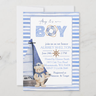 Blaue Aquarellbrasse Segelboot Babydusche Einladung