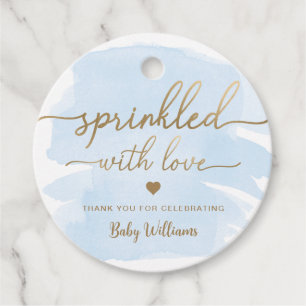 Blaue Aquarellfarbe mit Liebe-Babydusche Geschenkanhänger