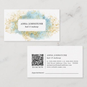 Blaue Aquarellfarbe und Gold-QR-Code   Termin Visitenkarte