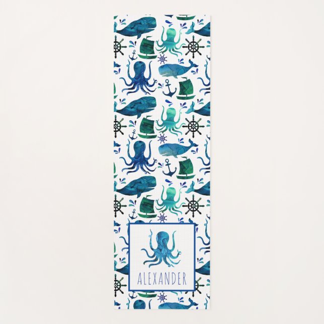 Blaue Aquarellfarbe unter dem Meeresoktopus Kinder Yogamatte (Vorderseite)