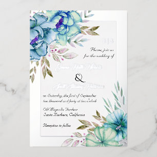 Blaue Aquarellfarben Blume Blühende Hochzeit Silbe Folieneinladung