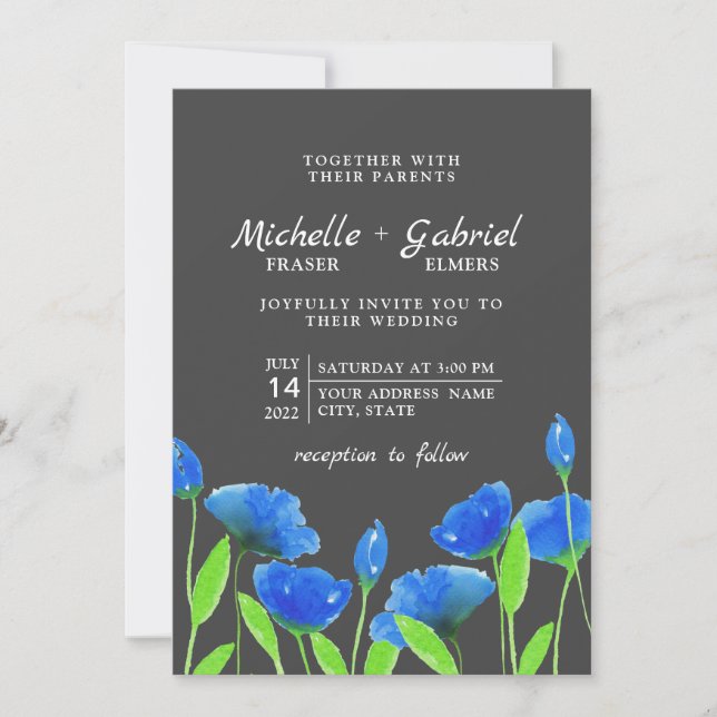 Blaue Aquarellfarben-Blume. Blumenhochzeit. Schwar Einladung (Vorderseite)