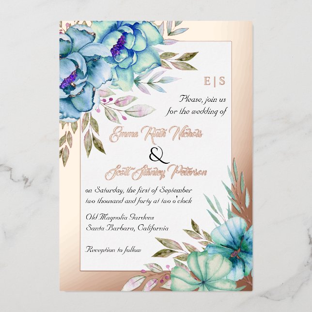 Blaue Aquarellfarben Blume Hochzeit Rose Goldfolie Folieneinladung (Vorderseite)