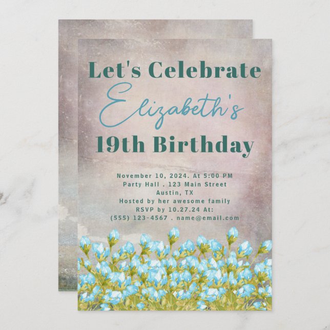 Blaue Aquarellfarben Blume Rustikaler Hintergrund Einladung (Vorne/Hinten)