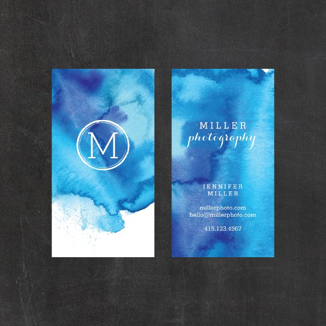 Blaue Aquarellfarben-Monogramm des modernen Ocean  Visitenkarte (Von Creator hochgeladen)