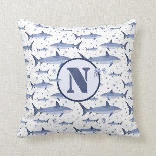 Blaue Aquarellfarben-Monogramm-Quallen-Muster Kissen