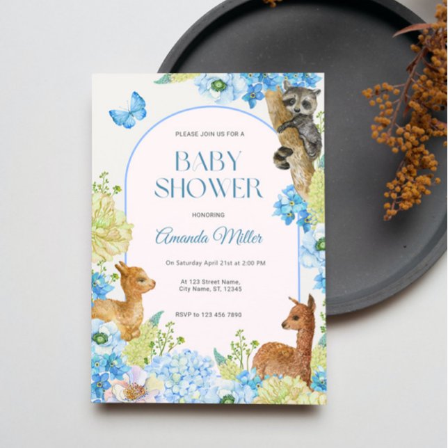 Blaue Aquarellfarben Niedliche Tiere Blume Kinderd Einladung (Von Creator hochgeladen)