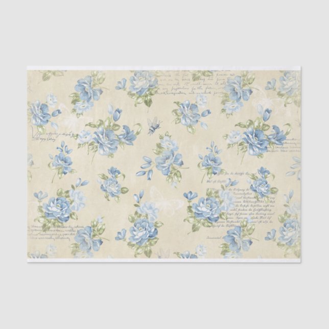 Blaue Aquarellfarben-Rose und Textzollagen Seidenpapier (Vorderseite)