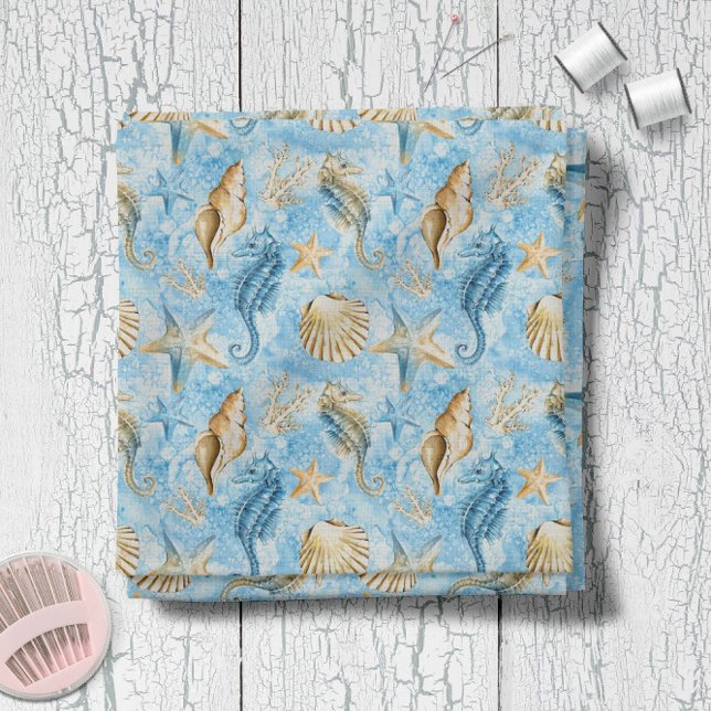 Blaue Aquarellfarben-Seepferde Starfish-Muster Stoff (Blue Watercolor Seahorses Starfish Pattern Fabric -- Chose from 7 fabric types!)