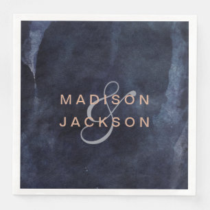 Blaue Aquarellfarben und Rose-Goldhochzeit Serviette