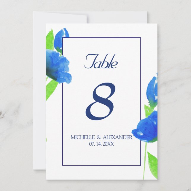 Blaue Aquarellfarben-Wildblumen Tischnummer-Karte Einladung (Vorderseite)