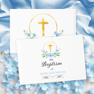 Blaue Aquarellfloralen, Goldkreuz Taufe Gästebuch