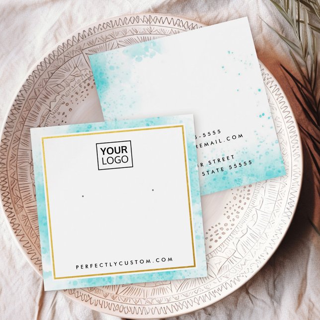 Blaue Aquarellgrenz-Logo Ohrsichtkarte (Blue watercolor border logo earring display card)