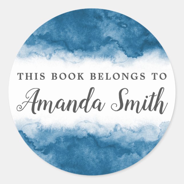 Blaue Aquarellgrenze Dieses Buch gehört Runder Aufkleber (Vorderseite)