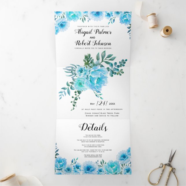 Blaue Aquarellkaktus Blume Hochzeit Dreifach Gefaltete Einladung (Innenseite)