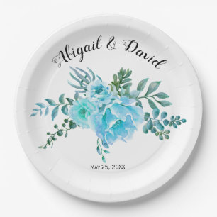 Blaue Aquarellkaktus Blume, Hochzeit Pappteller