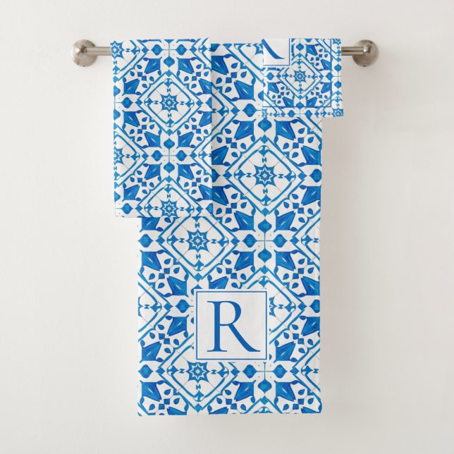 Blaue Aquarellkirche Griechisches Mittelmeerklima  Badhandtuch Set (Insitu)