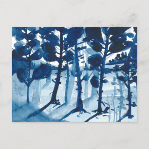 Blaue Aquarelllandschaft, abstrakter Baum Feiertagspostkarte