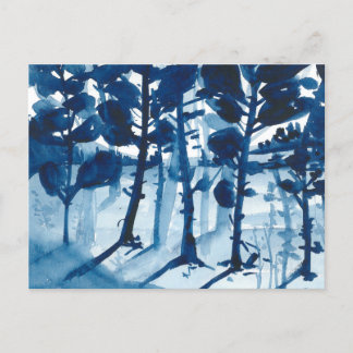 Blaue Aquarelllandschaft, abstrakter Baum Feiertagspostkarte