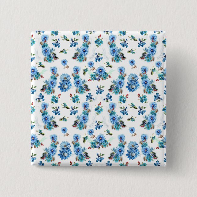 Blaue Aquarellmais-Blume mit Muster Button (Vorderseite)